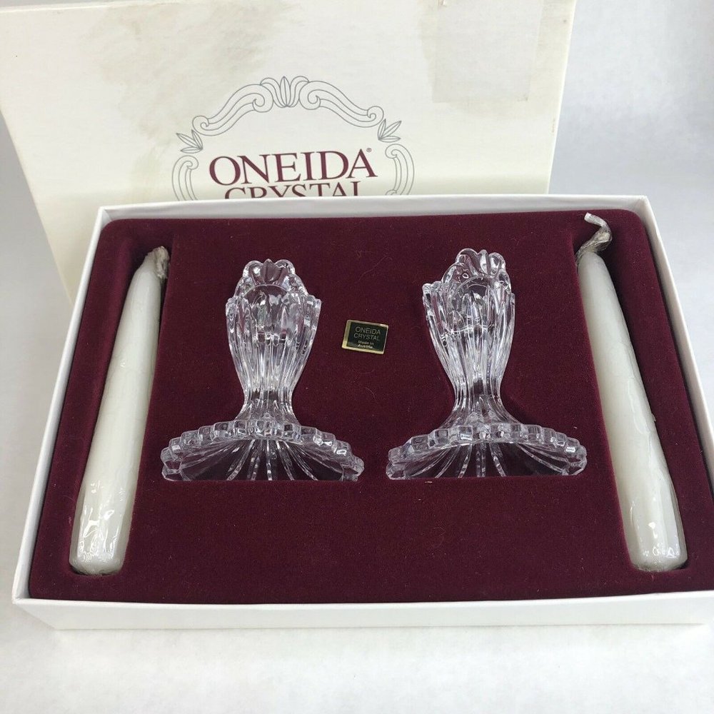Oneida Crystal Augustine Console Candlesticks Made Austria 3.5” Tall New In Box